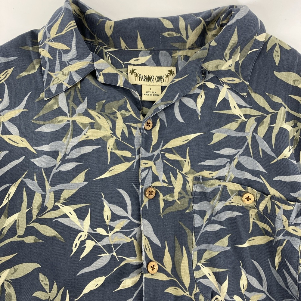 Paradise Coves Men's Tropical Button Up 100% Silk Short Sleeve Shirt EUC LG